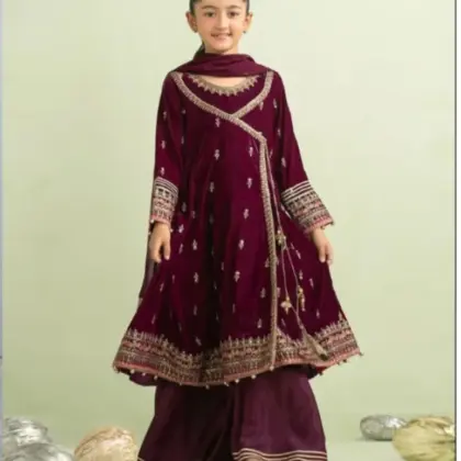 3 Pcs Girl’s Cotton Embroidered Kurta Shalwar Suit with Dupatta – Maroon (8-10 Years)