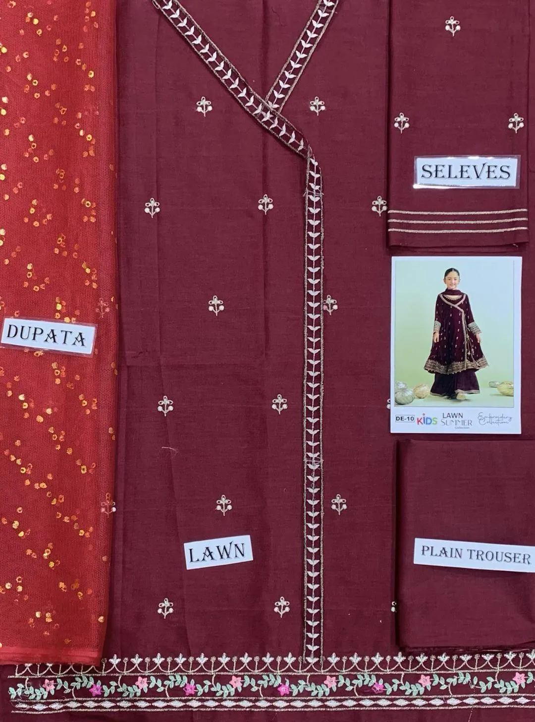 3 Pcs Girl’s Cotton Embroidered Kurta Shalwar Suit with Dupatta – Maroon (8-10 Years)