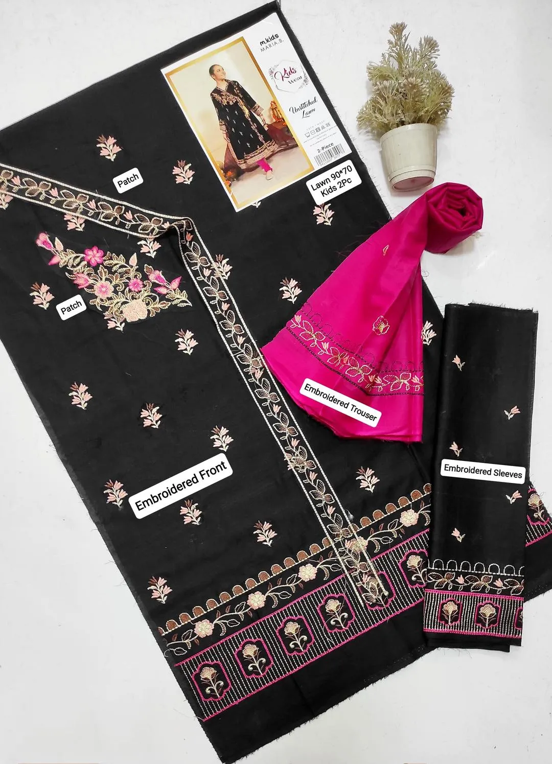 2 Pcs Girl’s Lawn Embroidered Unstitched Suit – Black (1-12 Years)