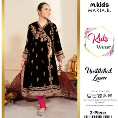 2 Pcs Girl’s Lawn Embroidered Unstitched Suit – Black (1-12 Years)