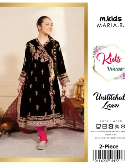 2 Pcs Girl’s Lawn Embroidered Unstitched Suit – Black (1-12 Years)
