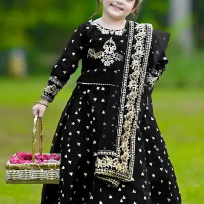 3 Pcs Girl’s Shamoz Silk Embroidered Shirt and Skirt Set with Dupatta – Black