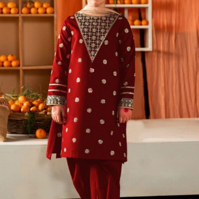 2 Pcs Girl’s Cotton Front Sequence Embroidered Kurta and Trouser – Maroon