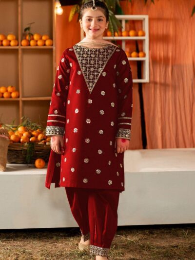 2 Pcs Girl’s Cotton Front Sequence Embroidered Kurta and Trouser – Maroon