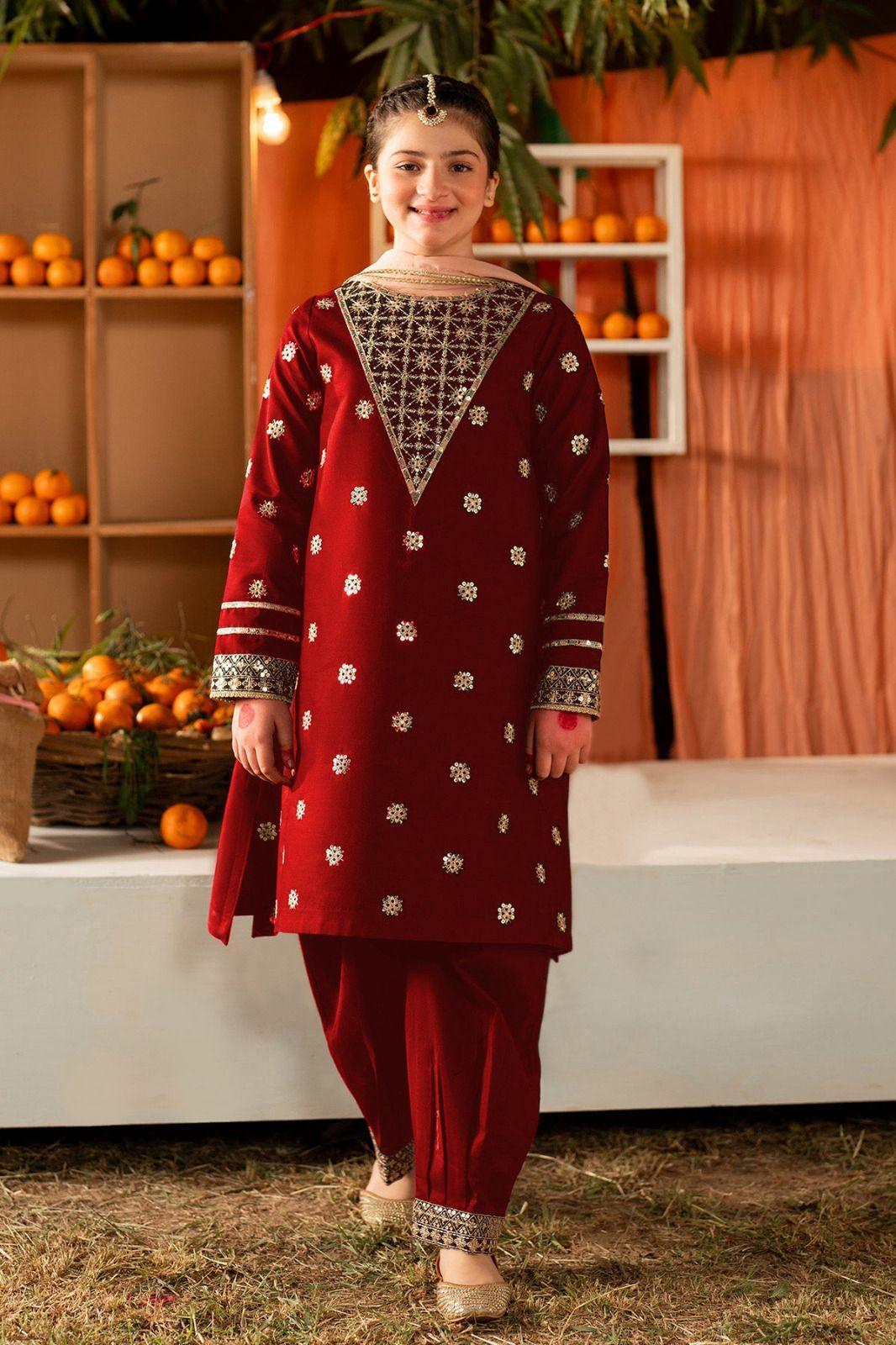 2 Pcs Girl’s Cotton Front Sequence Embroidered Kurta and Trouser – Maroon