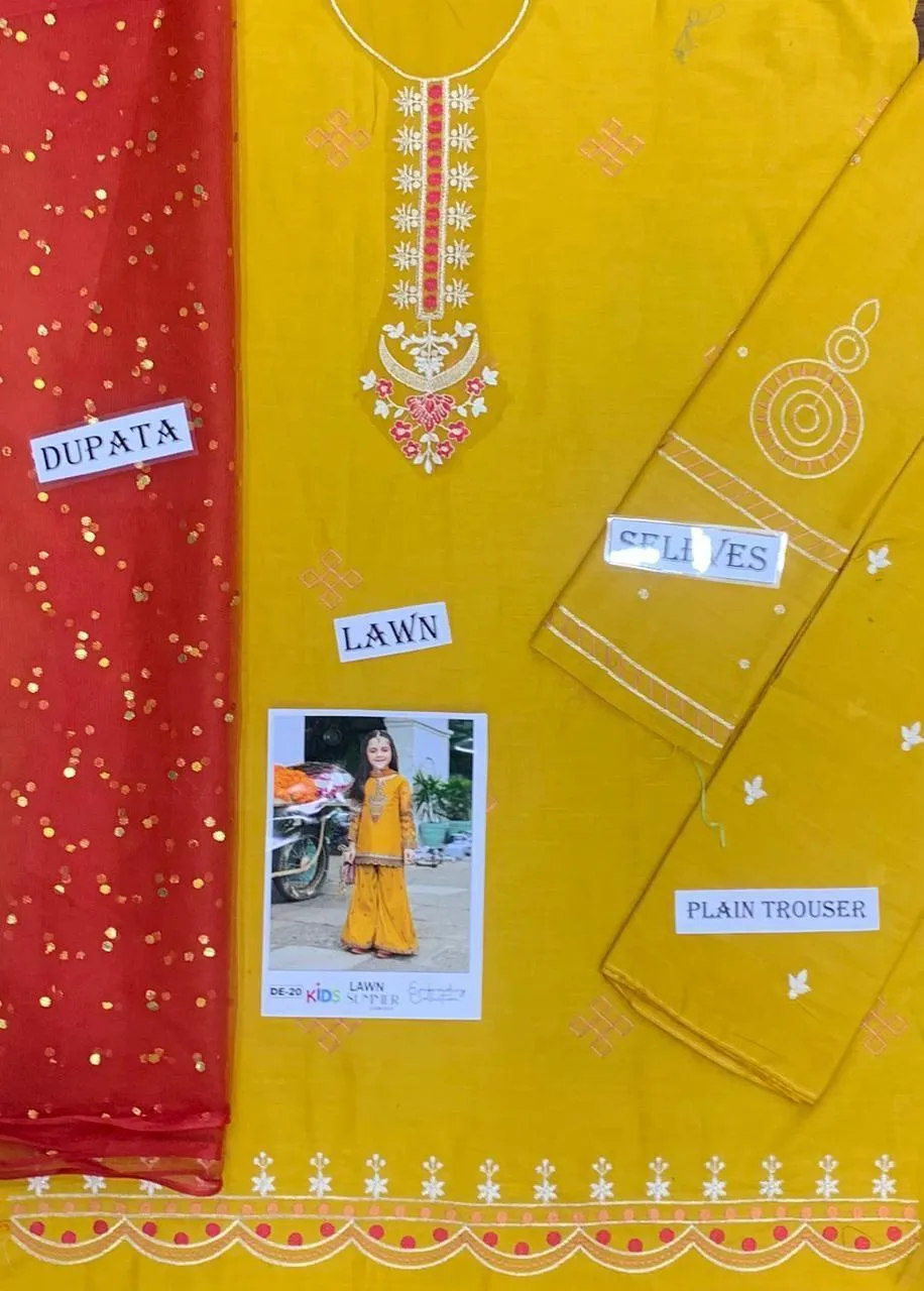 3 Pcs Girl’s Cotton Embroidered Kurta and Shalwar Suit with Dupatta – Yellow (8-10 Years)