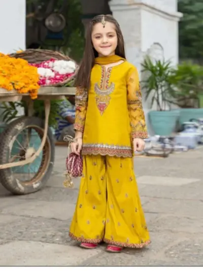 3 Pcs Girl’s Cotton Embroidered Kurta and Shalwar Suit with Dupatta – Yellow (8-10 Years)