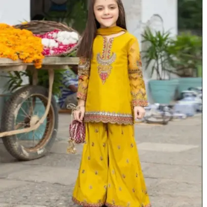 3 Pcs Girl’s Cotton Embroidered Kurta and Shalwar Suit with Dupatta – Yellow (8-10 Years)