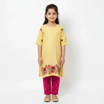 2 Pcs Girl’s Lawn Embroidered Shirt and Trouser Suit – Beige
