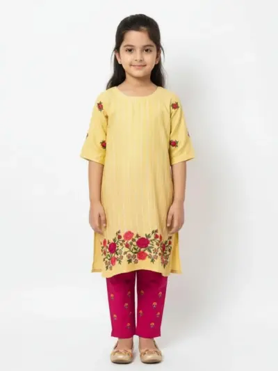2 Pcs Girl’s Lawn Embroidered Shirt and Trouser Suit – Beige