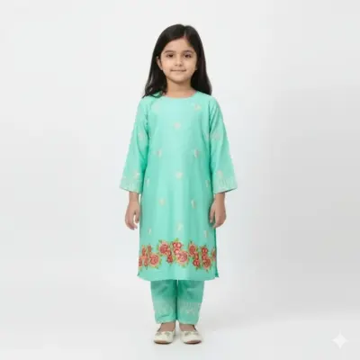 2 Pcs Girl’s Lawn Embroidered Shirt and Trouser Suit – Green