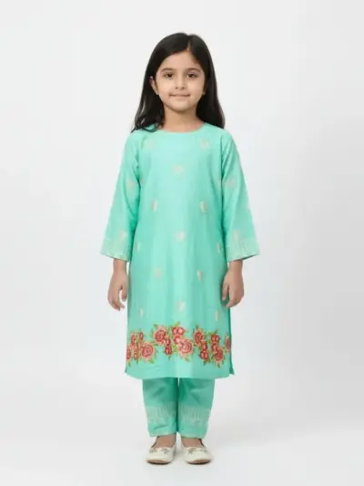 2 Pcs Girl’s Lawn Embroidered Shirt and Trouser Suit – Green