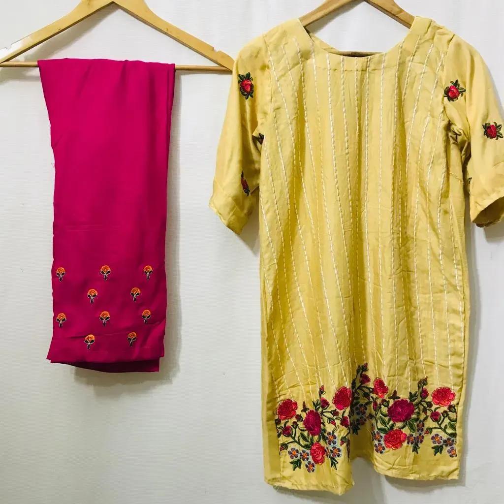 2 Pcs Girl’s Lawn Embroidered Shirt and Trouser Suit – Beige