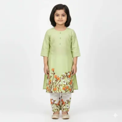 2 Pcs Girl’s Lawn Printed Shirt and Trouser Suit – Green