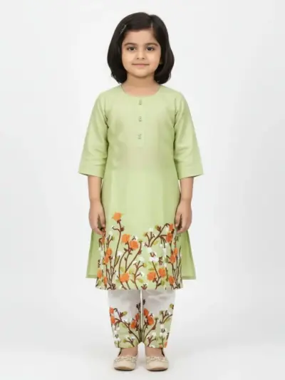 2 Pcs Girl’s Lawn Printed Shirt and Trouser Suit – Green