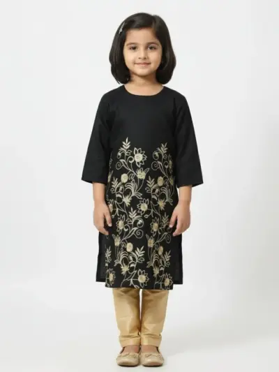 2 Pcs Girl’s Lawn Embroidered Skirt and Trouser Suit – Black