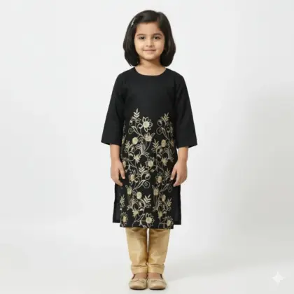2 Pcs Girl’s Lawn Embroidered Skirt and Trouser Suit – Black