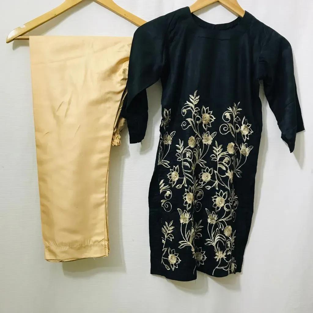 2 Pcs Girl’s Lawn Embroidered Skirt and Trouser Suit – Black