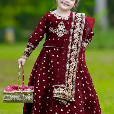 3 Pcs Girl’s Shamoz Silk Embroidered Shirt, Skirt and Dupatta Set – Maroon