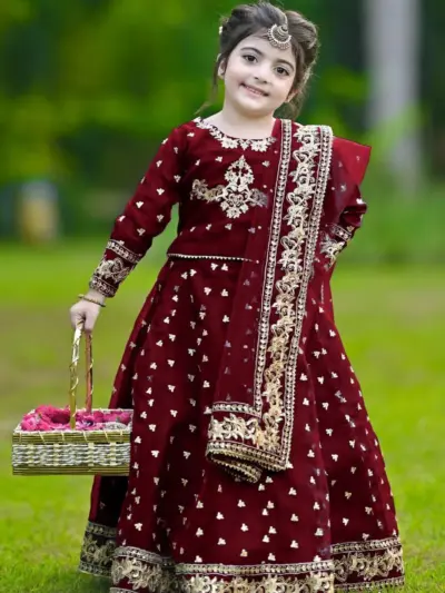 3 Pcs Girl’s Shamoz Silk Embroidered Shirt, Skirt and Dupatta Set – Maroon
