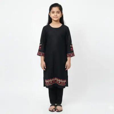 3 Pcs Girl’s Lawn Embroidered Kurta and Trouser Suit – Black
