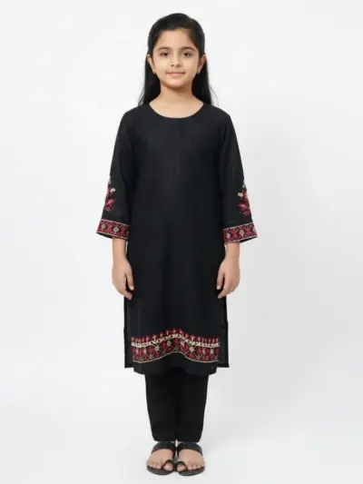 3 Pcs Girl’s Lawn Embroidered Kurta and Trouser Suit – Black