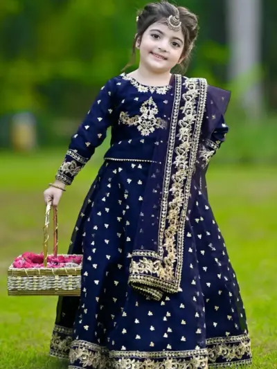 3 Pcs Girl’s Shamoz Silk Embroidered Shirt, Skirt and Dupatta Set – Blue