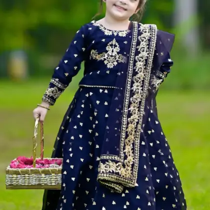 3 Pcs Girl’s Shamoz Silk Embroidered Shirt, Skirt and Dupatta Set – Blue