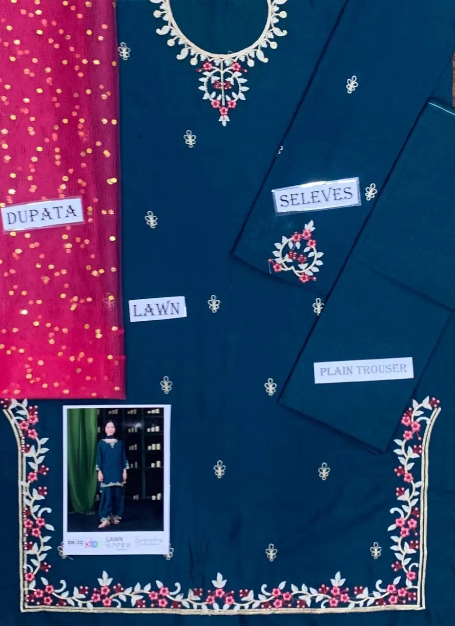 3 Pcs Girl’s Lawn Embroidered Unstitched Suit – Green