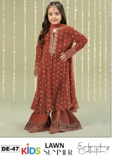 3 Pcs Girl’s Lawn Embroidered Unstitched Suit – Brown