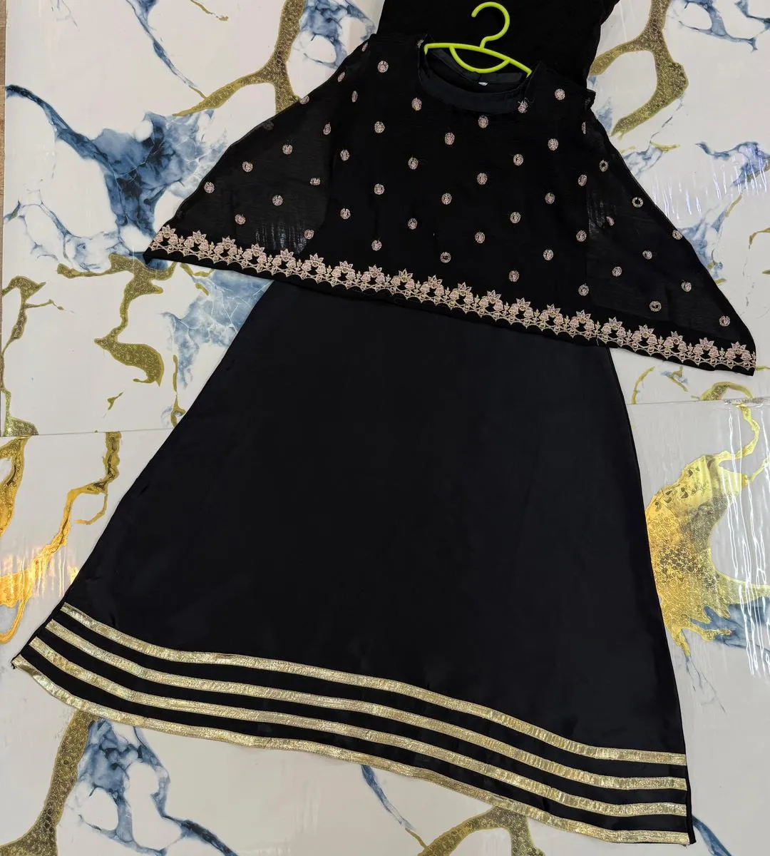 2 Pcs Girl’s Shamoz Silk Embroidered Stitched Maxi Suit with Chiffon Cap Top – Black