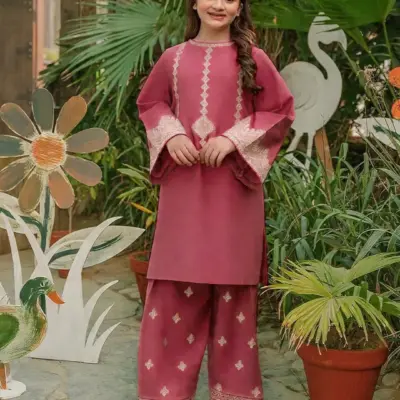 2 Pcs Girls Cotton Embroidered Kurta Pajama Set – Pink | Kids Soft Premium Cotton Dress (1–12 Years)