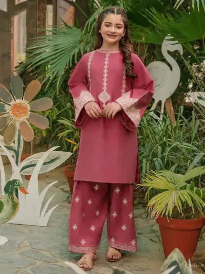 2 Pcs Girls Cotton Embroidered Kurta Pajama Set – Pink | Kids Soft Premium Cotton Dress (1–12 Years)