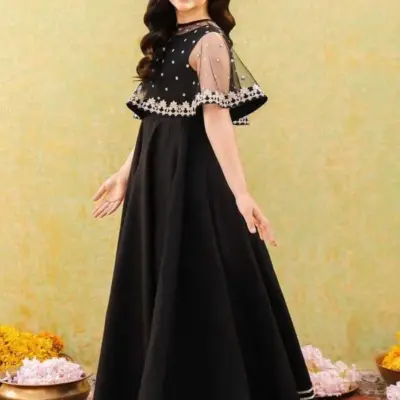 2 Pcs Girl’s Shamoz Silk Embroidered Stitched Maxi Suit with Chiffon Cap Top – Black