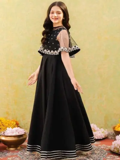 2 Pcs Girl’s Shamoz Silk Embroidered Stitched Maxi Suit with Chiffon Cap Top – Black