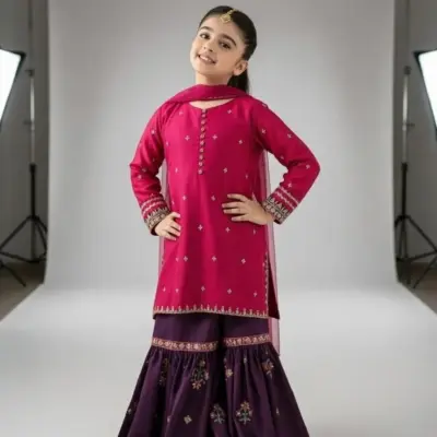 3 Pcs Girls Lawn Embroidered Unstitched Suit – Pink | Shirt, Trouser & Dupatta (1–10 Years)