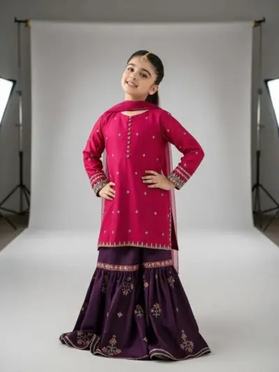 3 Pcs Girls Lawn Embroidered Unstitched Suit – Pink | Shirt, Trouser & Dupatta (1–10 Years)