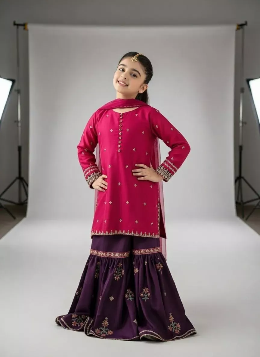 3 Pcs Girls Lawn Embroidered Unstitched Suit – Pink | Shirt, Trouser & Dupatta (1–10 Years)