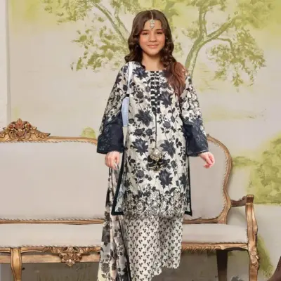 3 Pcs Girls Swiss Lawn Digital Printed Shirt Trouser Suit with Dupatta – Black (5–12 Years)