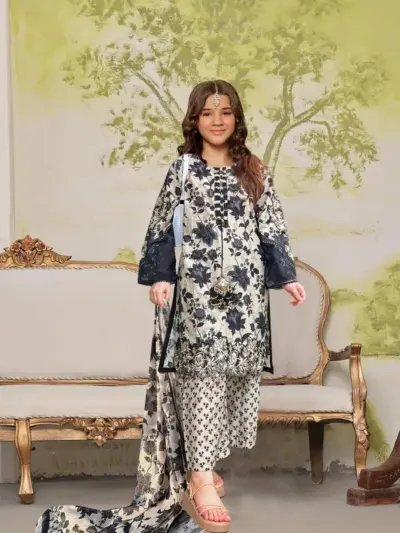 3 Pcs Girls Swiss Lawn Digital Printed Shirt Trouser Suit with Dupatta – Black (5–12 Years)