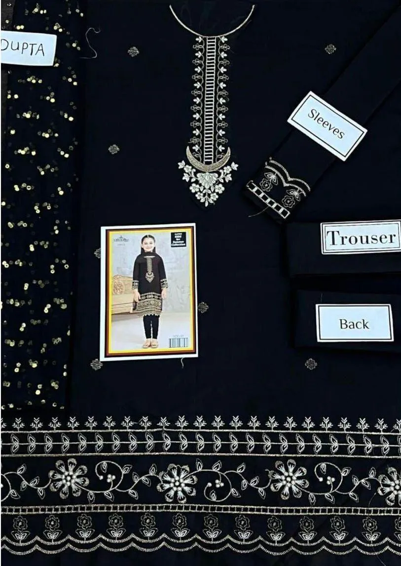 3 Pcs Girls Dhanak Embroidered Unstitched Suit – Black | Shirt, Trouser & Dupatta (1–10 Years)