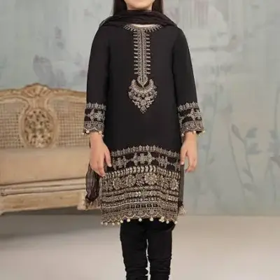 3 Pcs Girls Dhanak Embroidered Unstitched Suit – Black | Shirt, Trouser & Dupatta (1–10 Years)
