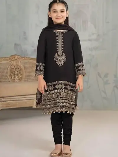 3 Pcs Girls Dhanak Embroidered Unstitched Suit – Black | Shirt, Trouser & Dupatta (1–10 Years)
