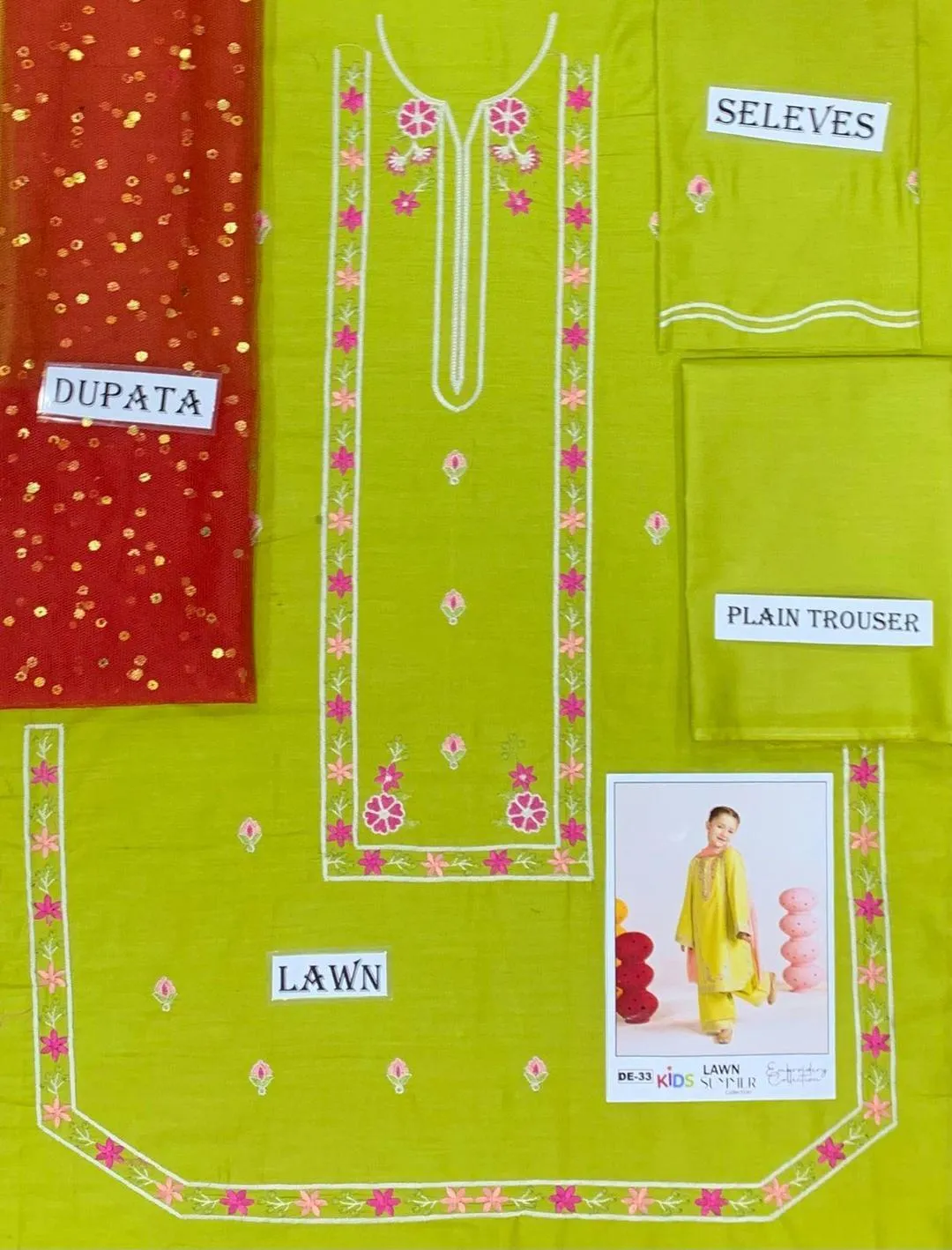 3 Pcs Girls Lawn Embroidered Unstitched Suit – Green | Shirt, Trouser & Dupatta (1–10 Years)