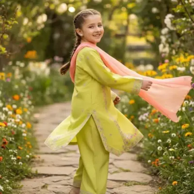 3 Pcs Girls Lawn Embroidered Unstitched Suit – Green | Shirt, Trouser & Dupatta (1–10 Years)