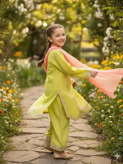3 Pcs Girls Lawn Embroidered Unstitched Suit – Green | Shirt, Trouser & Dupatta (1–10 Years)