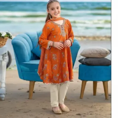 3 Pcs Girls Lawn Embroidered Unstitched Suit – Orange | Shirt, Trouser & Dupatta (1–10 Years)