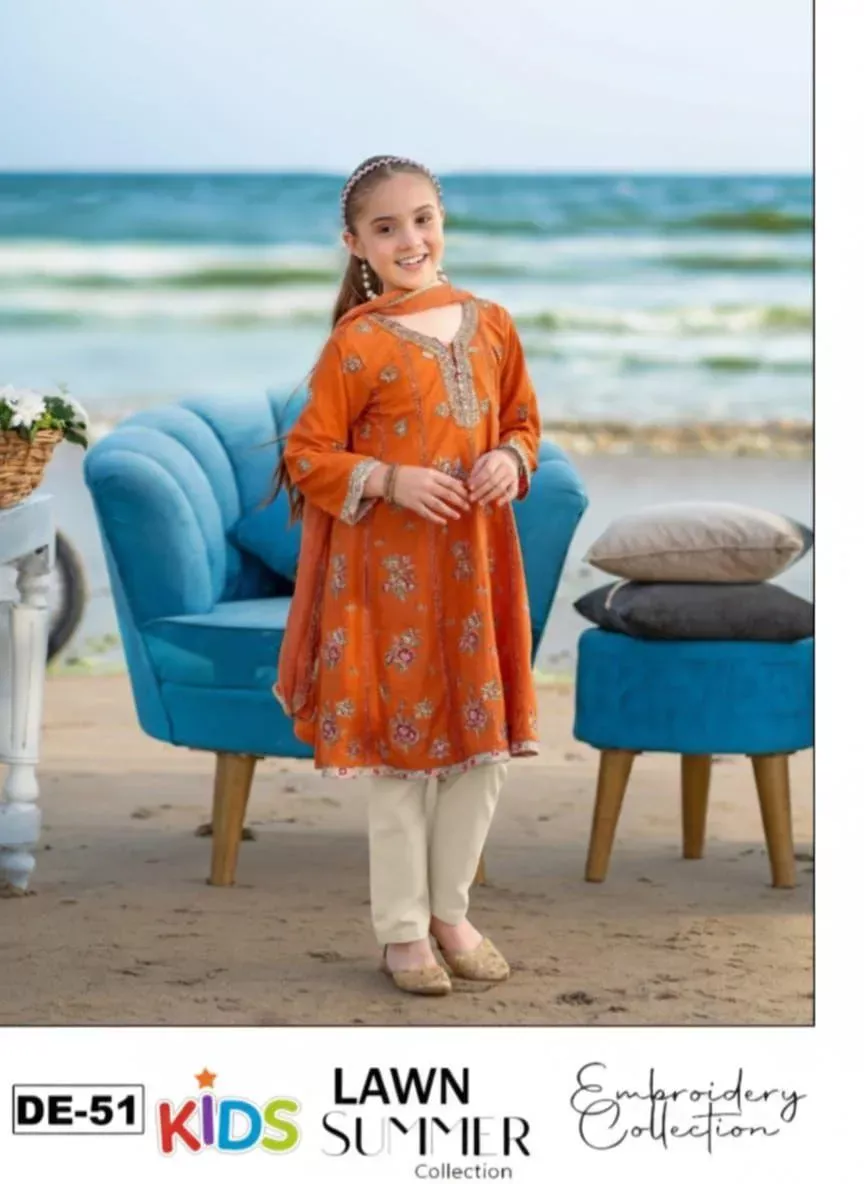 3 Pcs Girls Lawn Embroidered Unstitched Suit – Orange | Shirt, Trouser & Dupatta (1–10 Years)
