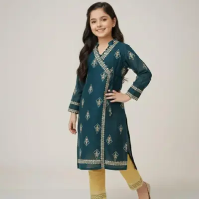 2 Pcs Girls Lawn Embroidered Unstitched Suit – Green | Shirt & Trouser (1–10 Years)