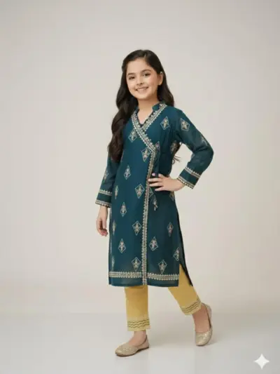 2 Pcs Girls Lawn Embroidered Unstitched Suit – Green | Shirt & Trouser (1–10 Years)